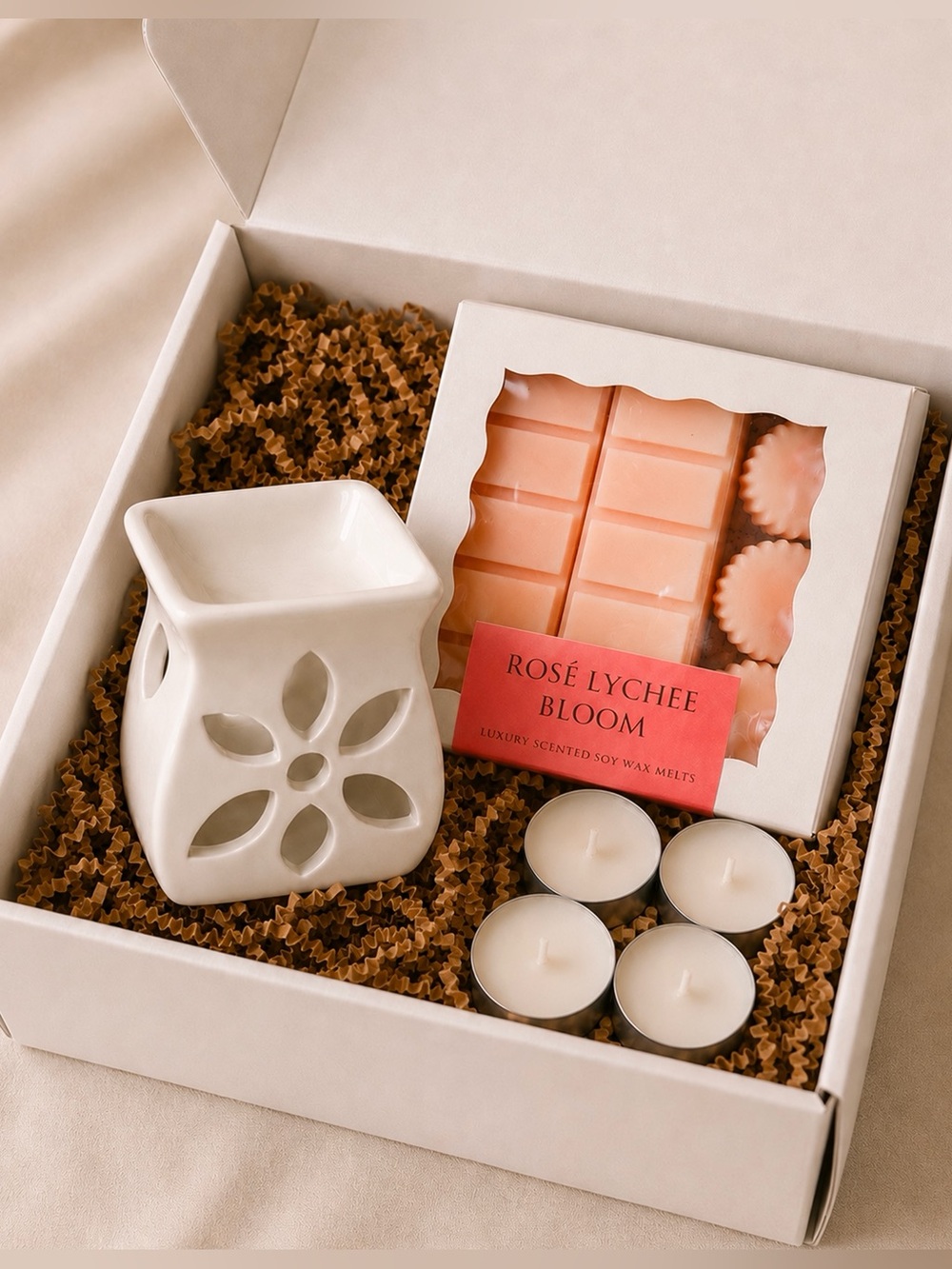 Rosé Lychee Bloom Curated Gift Box | Luxury Soy Wax Melts Set & Ceramic Warmer